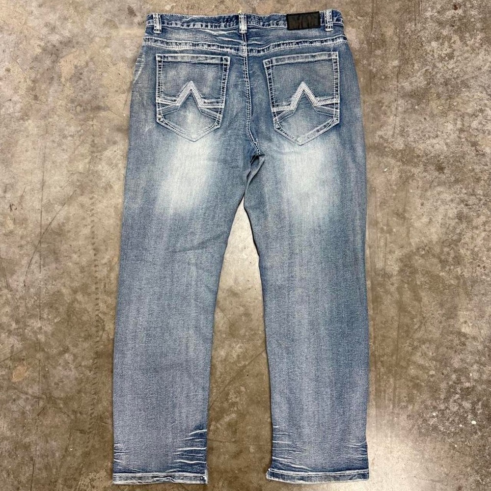 True Luck Straight Fit Light Wash Distressed Jeans Mens 34x29 Y2K Blue Denim